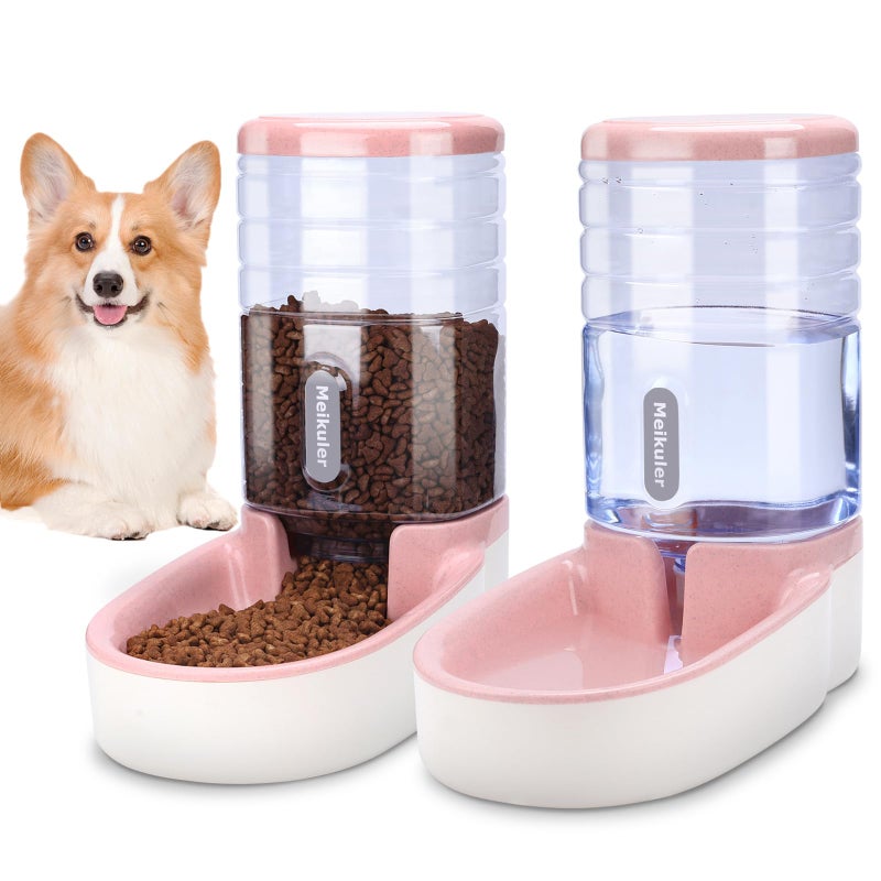 Meikuler Automatic Dog Cat Feeder and Water Dispenser Set,Waterer and Gravity Food Feeder for Small & Medium Dogs Cats Puppies,Large Capacity 1 Gallon x 2(Pink) - Image 1